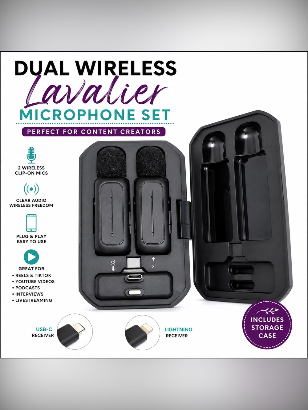 Dual Wireless Lavalier Microphone Set - Black (E-01)